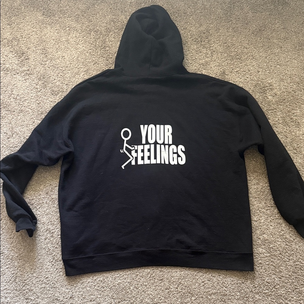 Black Zip-Up Hoodie with White Flag Skull Graphic, F Your Feelings on back